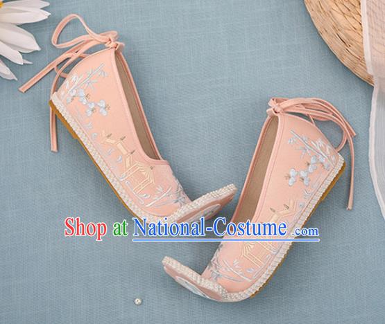 Chinese Ancient Court Women Pink Embroidered Shoes Princess Satin Shoes Handmade Palace Lady Shoes Embroidery Bamboo Bridge Shoes