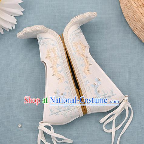 Chinese Ancient Court Women White Embroidered Shoes Princess Satin Shoes Handmade Palace Lady Shoes Embroidery Bamboo Bridge Shoes