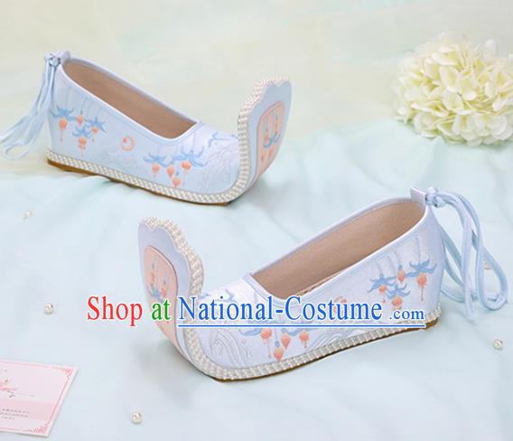 Chinese Ancient Embroidery Enkianthus Blue Shoes Traditional Court Lady Shoes Embroidered Shoes Princess Satin Shoes Handmade Hanfu Shoes