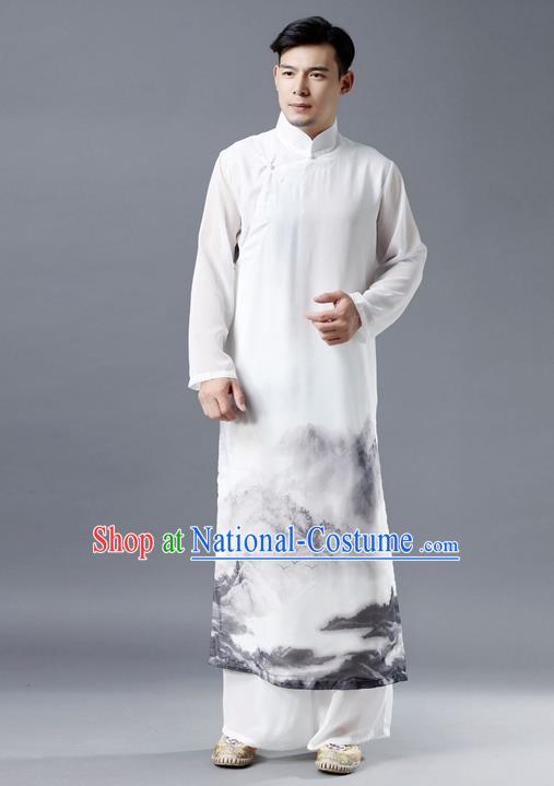 Republic of China National Ink Painting White Chiffon Robe Traditional Tang Suit Costume Comic Dialogue Long Gown for Men