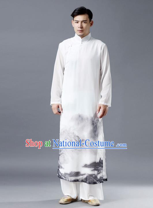 Republic of China National Ink Painting White Chiffon Robe Traditional Tang Suit Costume Comic Dialogue Long Gown for Men