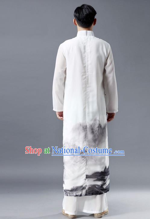 Republic of China National Ink Painting White Chiffon Robe Traditional Tang Suit Costume Comic Dialogue Long Gown for Men