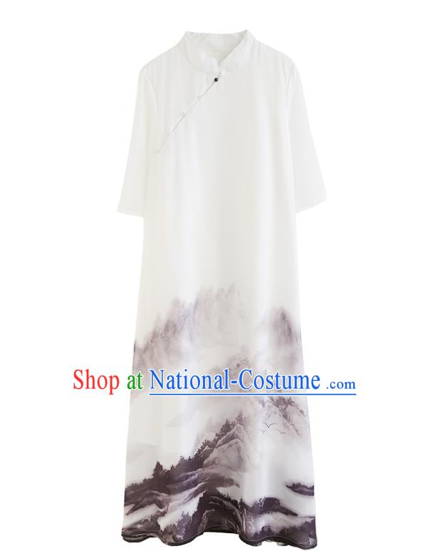 Republic of China National Ink Painting White Chiffon Robe Traditional Tang Suit Costume Comic Dialogue Long Gown for Men