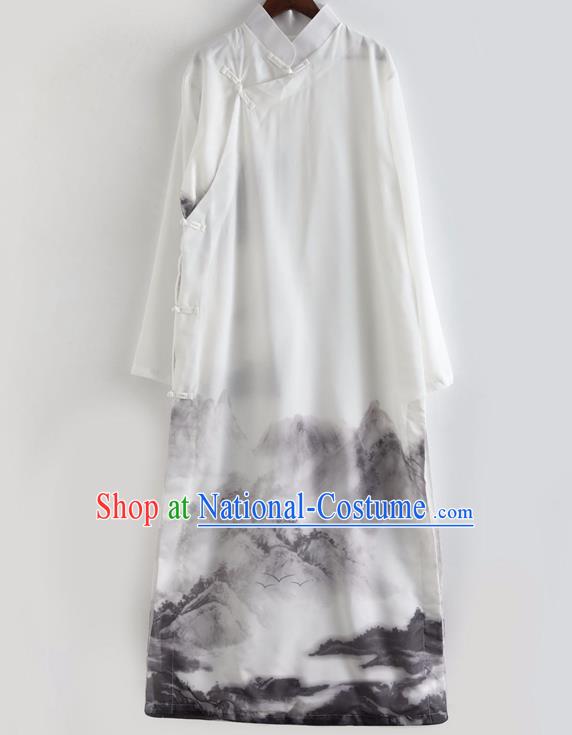 Republic of China National Ink Painting White Chiffon Robe Traditional Tang Suit Costume Comic Dialogue Long Gown for Men