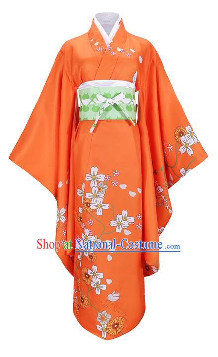 Traditional Japanese Printing Costumes Japan Kimono Cosplay Orange Yukata Dress for Women