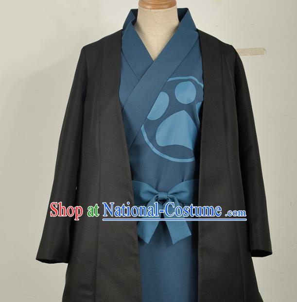 Traditional Japanese Cosplay Costumes Japan Kimono Black Haori and Navy Yukata Dress Belt Complete Set for Women