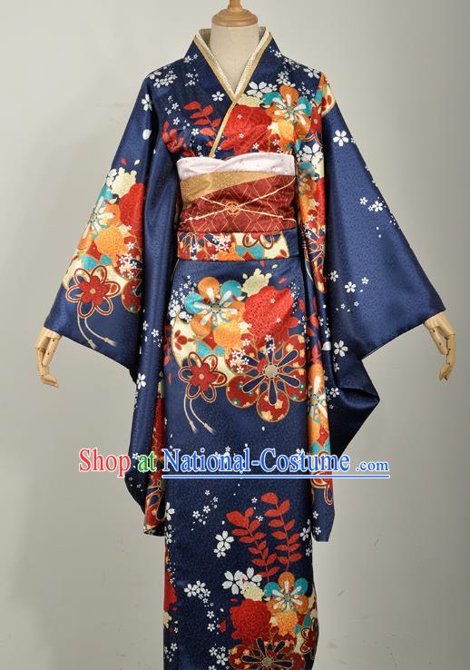 Traditional Japanese Court Silk Costumes Japan Geisha Printing Navy Yukata Dress Furisode Kimono and Belt Complete Set for Women