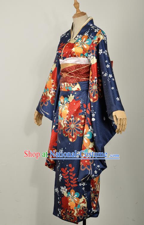 Traditional Japanese Court Silk Costumes Japan Geisha Printing Navy Yukata Dress Furisode Kimono and Belt Complete Set for Women