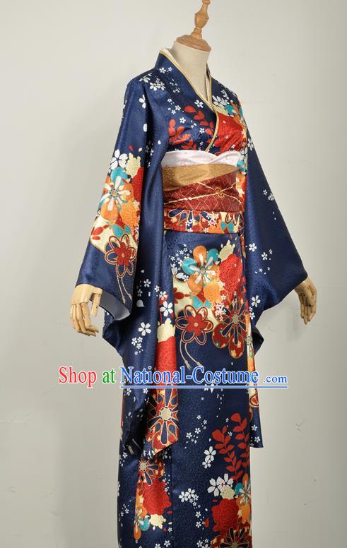 Traditional Japanese Court Silk Costumes Japan Geisha Printing Navy Yukata Dress Furisode Kimono and Belt Complete Set for Women