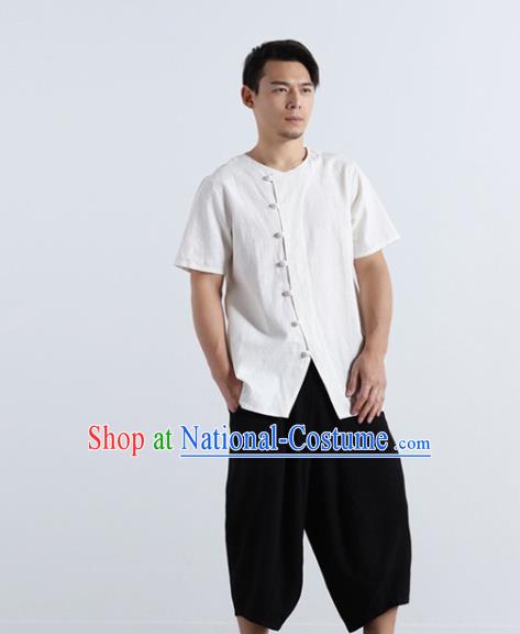 Chinese National White Flax Frog Buttons Shirt Traditional Tang Suit Short Sleeve Upper Outer Garment Costume for Men