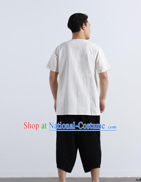 Chinese National White Flax Frog Buttons Shirt Traditional Tang Suit Short Sleeve Upper Outer Garment Costume for Men