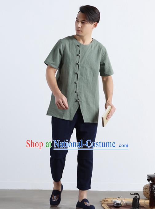 Chinese National Pea Green Flax Frog Buttons Shirt Traditional Tang Suit Short Sleeve Upper Outer Garment Costume for Men