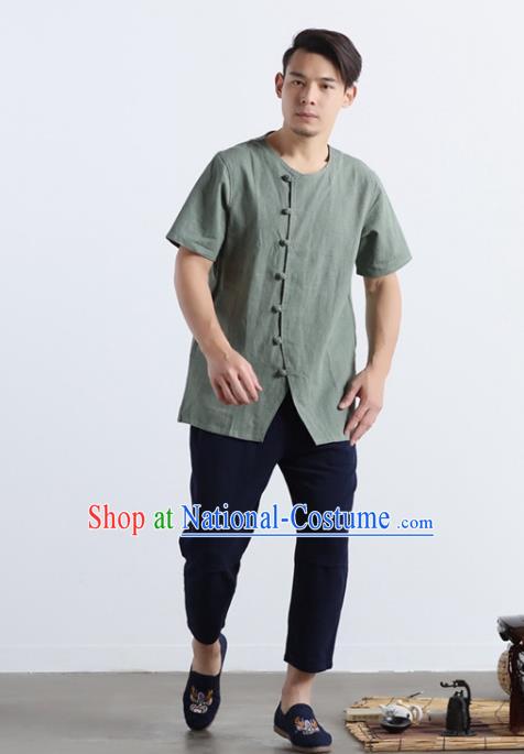 Chinese National Pea Green Flax Frog Buttons Shirt Traditional Tang Suit Short Sleeve Upper Outer Garment Costume for Men