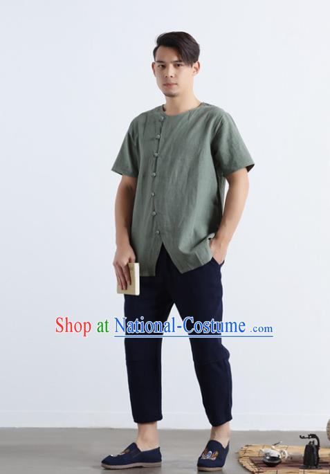 Chinese National Pea Green Flax Frog Buttons Shirt Traditional Tang Suit Short Sleeve Upper Outer Garment Costume for Men