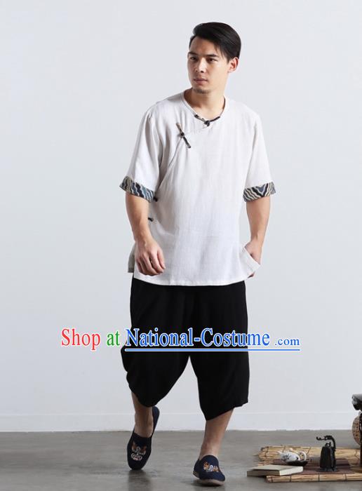 Chinese National White Flax Shirt Traditional Tang Suit Short Sleeve Upper Outer Garment Frog Buttons Costume for Men