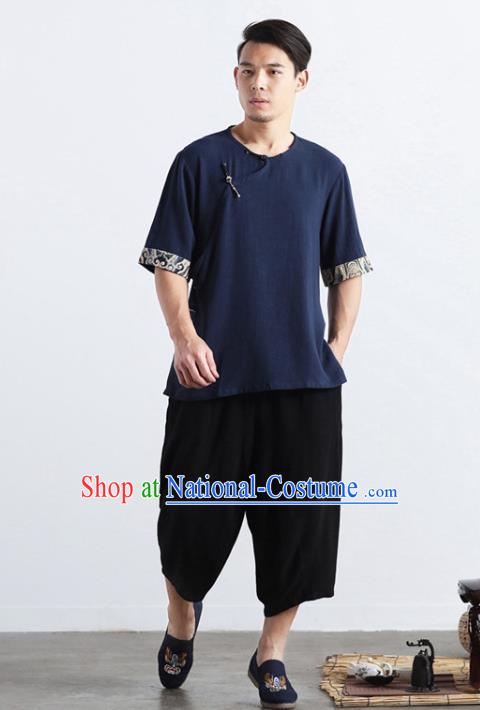 Chinese National Navy Flax Shirt Traditional Tang Suit Short Sleeve Upper Outer Garment Frog Buttons Costume for Men