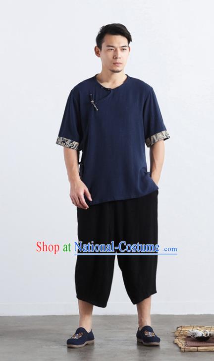 Chinese National Navy Flax Shirt Traditional Tang Suit Short Sleeve Upper Outer Garment Frog Buttons Costume for Men