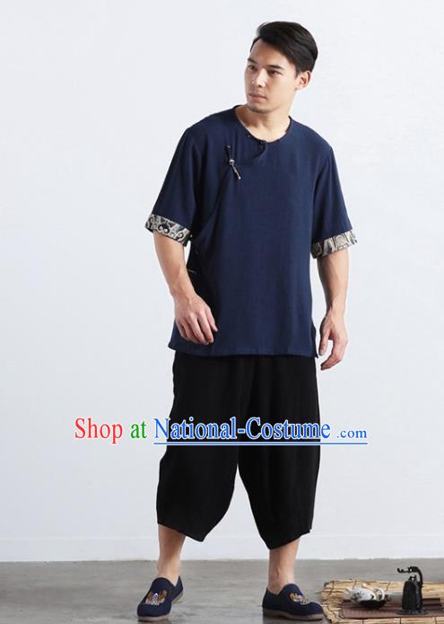 Chinese National Navy Flax Shirt Traditional Tang Suit Short Sleeve Upper Outer Garment Frog Buttons Costume for Men