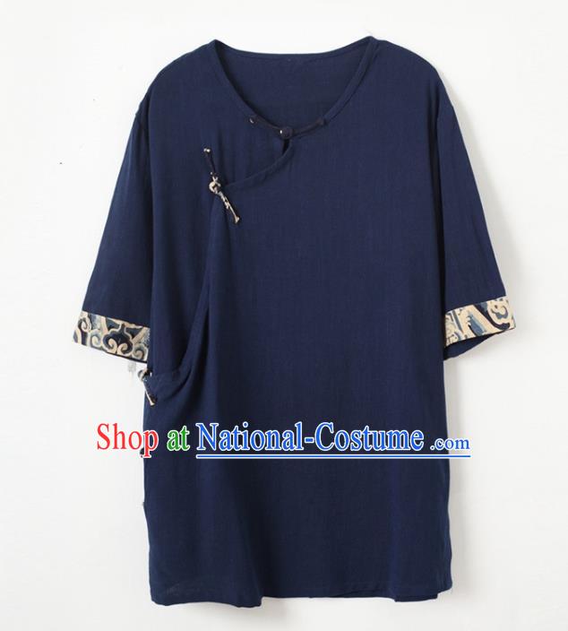 Chinese National Navy Flax Shirt Traditional Tang Suit Short Sleeve Upper Outer Garment Frog Buttons Costume for Men