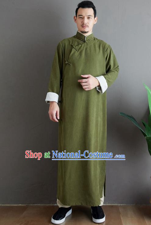 Republic of China National Olive Green Robe Traditional Tang Suit Costume Comic Dialogue Long Gown for Men