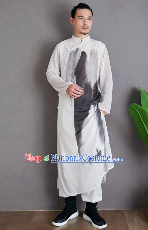 Republic of China National Ink Painting Robe Traditional Tang Suit Costume Comic Dialogue White Chiffon Long Gown for Men