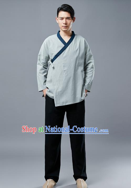 Chinese National Light Green Linen Shirt Traditional Tang Suit Upper Outer Garment Slant Opening Costume for Men