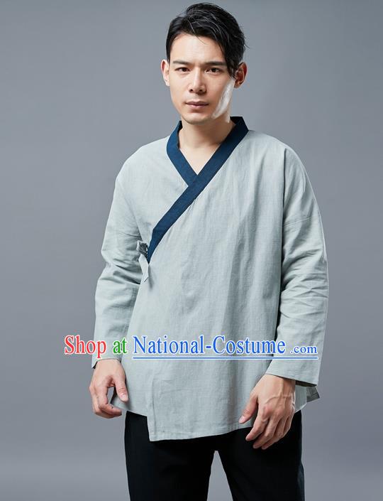 Chinese National Light Green Linen Shirt Traditional Tang Suit Upper Outer Garment Slant Opening Costume for Men