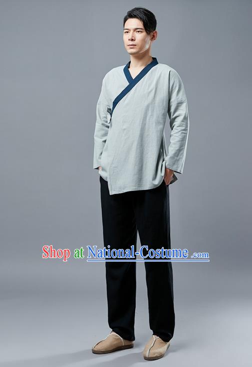 Chinese National Light Green Linen Shirt Traditional Tang Suit Upper Outer Garment Slant Opening Costume for Men