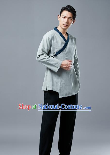 Chinese National Light Green Linen Shirt Traditional Tang Suit Upper Outer Garment Slant Opening Costume for Men