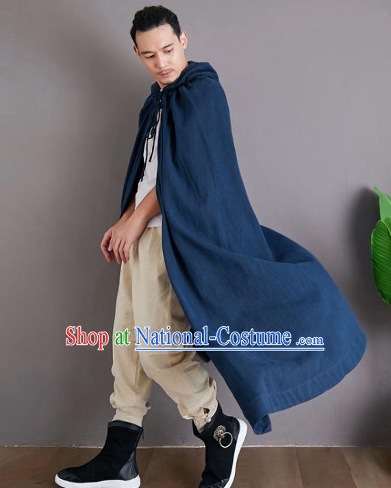 Chinese National Embroidered Dragon Navy Flax Cape Traditional Tang Suit Outer Garment Coat Costume Hooded Cloak for Men