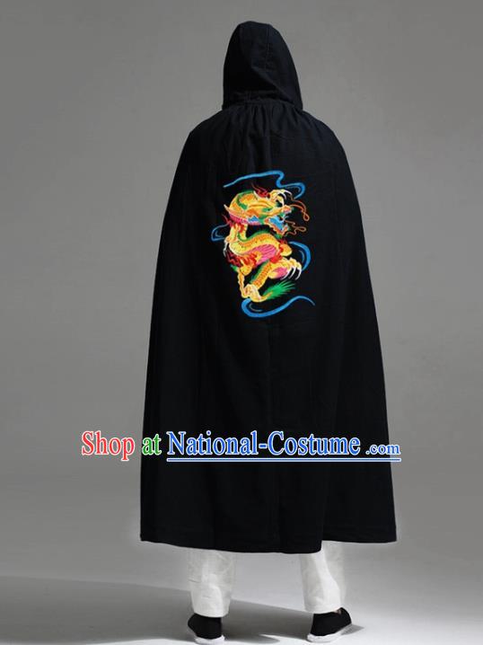 Chinese National Embroidered Dragon Black Flax Cape Traditional Tang Suit Outer Garment Coat Costume Hooded Cloak for Men