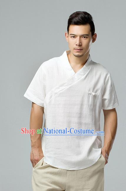 Chinese National White Flax Slant Opening Shirt Traditional Tang Suit Short Sleeve Upper Outer Garment Costume for Men