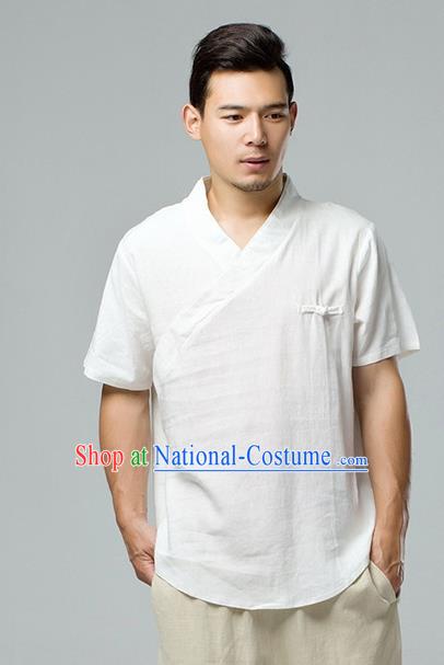 Chinese National White Flax Slant Opening Shirt Traditional Tang Suit Short Sleeve Upper Outer Garment Costume for Men