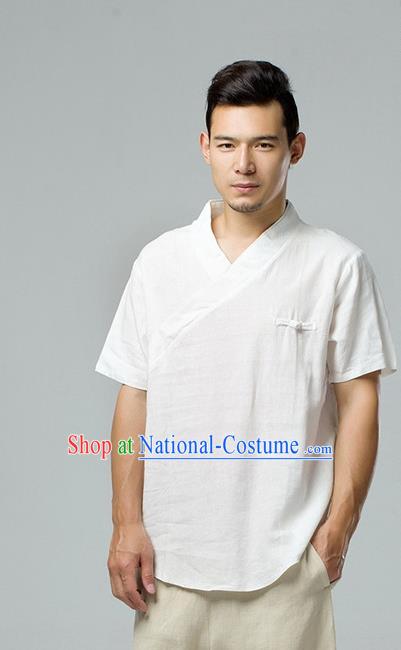 Chinese National White Flax Slant Opening Shirt Traditional Tang Suit Short Sleeve Upper Outer Garment Costume for Men