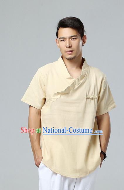 Chinese National Beige Flax Slant Opening Shirt Traditional Tang Suit Short Sleeve Upper Outer Garment Costume for Men