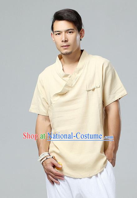 Chinese National Beige Flax Slant Opening Shirt Traditional Tang Suit Short Sleeve Upper Outer Garment Costume for Men