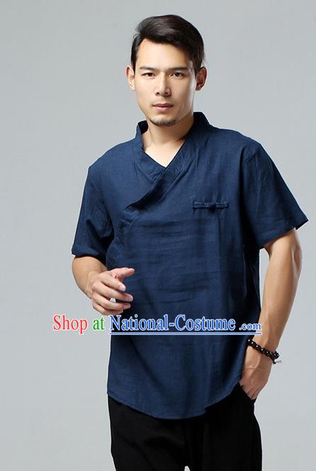 Chinese National Navy Flax Slant Opening Shirt Traditional Tang Suit Short Sleeve Upper Outer Garment Costume for Men