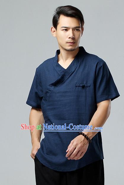 Chinese National Navy Flax Slant Opening Shirt Traditional Tang Suit Short Sleeve Upper Outer Garment Costume for Men