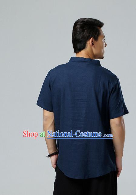 Chinese National Navy Flax Slant Opening Shirt Traditional Tang Suit Short Sleeve Upper Outer Garment Costume for Men