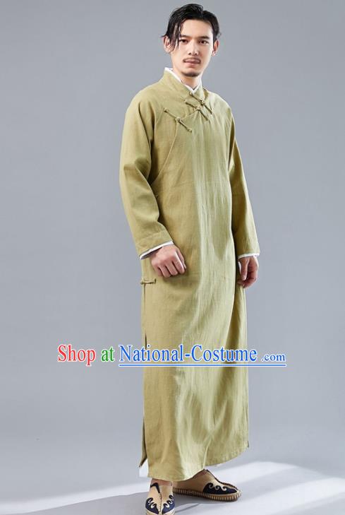 Republic of China National Ginger Flax Robe Traditional Tang Suit Costume Comic Dialogue Long Gown for Men