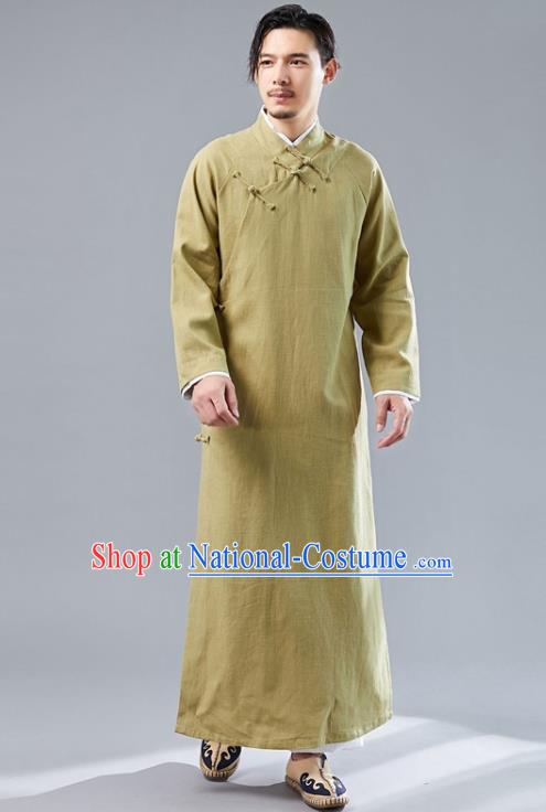 Republic of China National Ginger Flax Robe Traditional Tang Suit Costume Comic Dialogue Long Gown for Men