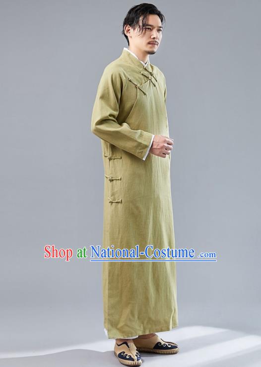 Republic of China National Ginger Flax Robe Traditional Tang Suit Costume Comic Dialogue Long Gown for Men