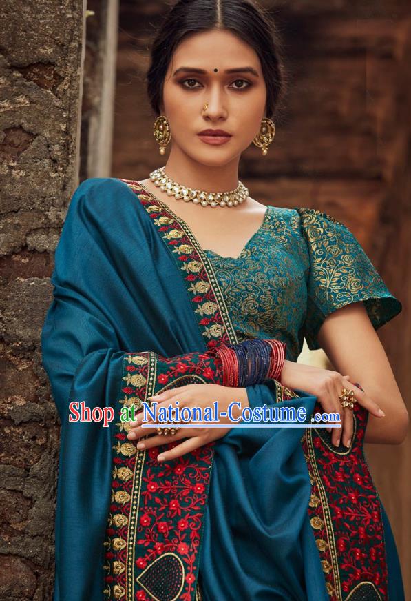 Asian India National Saree Costumes Asia Indian Bride Traditional Blouse and Embroidered Navy Blue Silk Sari Dress for Women