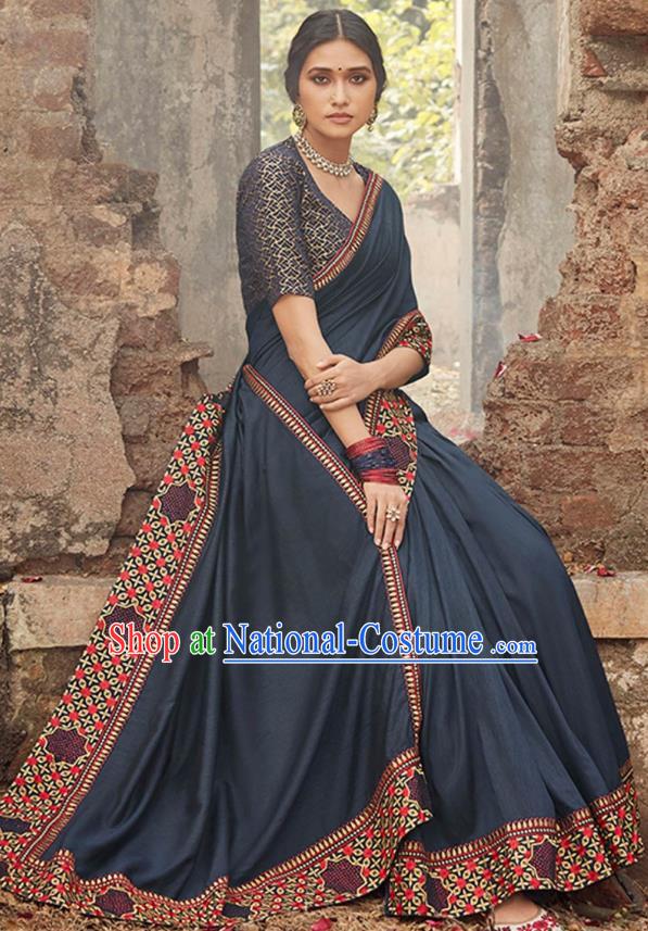 Asian India National Saree Costumes Asia Indian Bride Traditional Blouse and Embroidered Navy Silk Sari Dress for Women