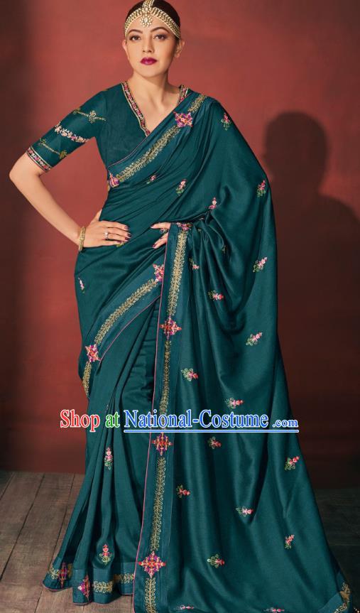 Asian India Bollywood National Dance Teal Silk Saree Asia Indian Traditional Court Princess Blouse and Sari Dress Costumes for Women