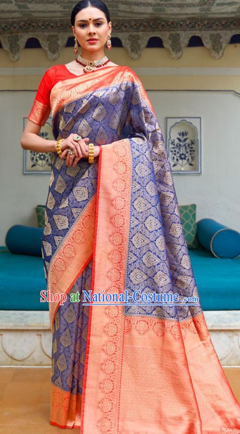 Asian India Bollywood Royalblue Silk Saree Asia Indian Traditional Court Princess Blouse and Sari Dress National Dance Costumes for Women