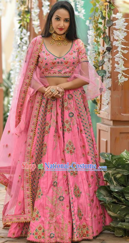 Asian India National Wedding Lehenga Costumes Asia Indian Bride Traditional Pink Silk Blouse and Embroidered Skirt Sari for Women