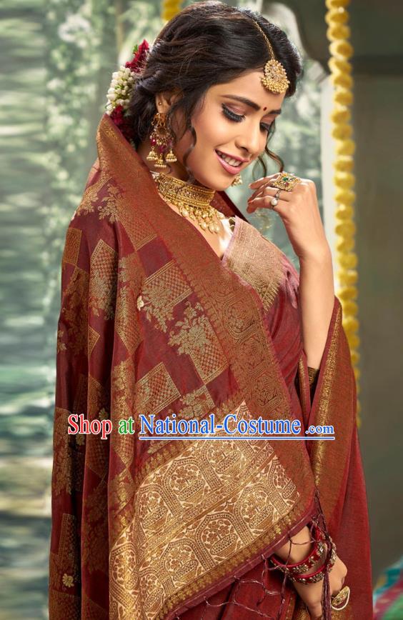 Asian India National Bollywood Maroon Silk Saree Costumes Asia Indian Bride Traditional Blouse and Sari Dress for Women