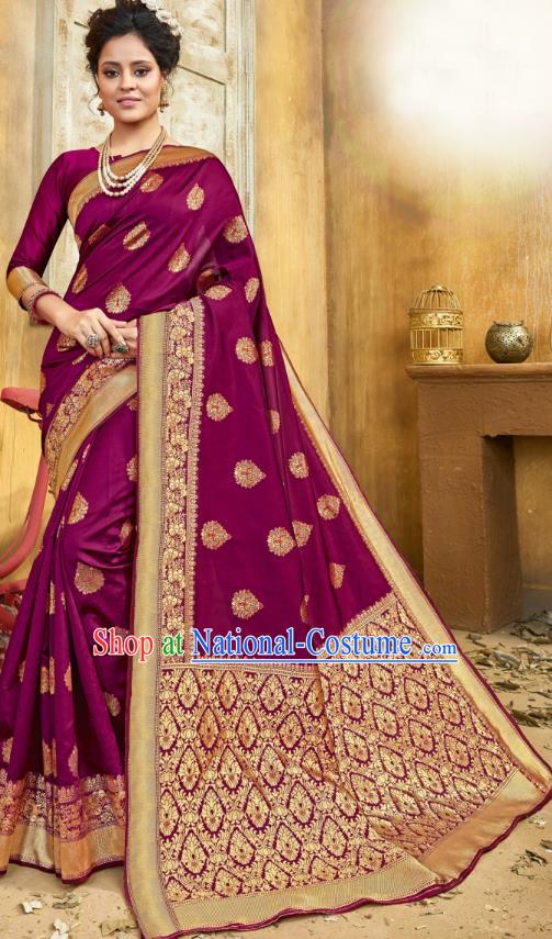 Asian India National Bollywood Purple Silk Saree Costumes Asia Indian Princess Traditional Blouse and Sari Dress for Women