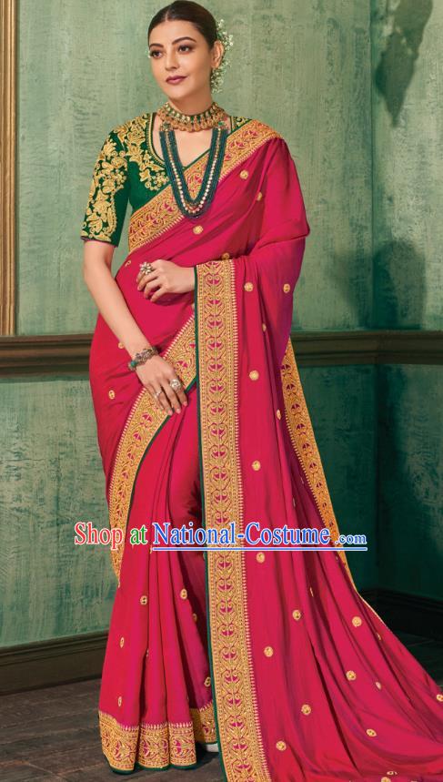 Asian India National Dance Magenta Silk Saree Asia Indian Traditional Costumes Court Princess Bollywood Blouse and Sari Dress for Women